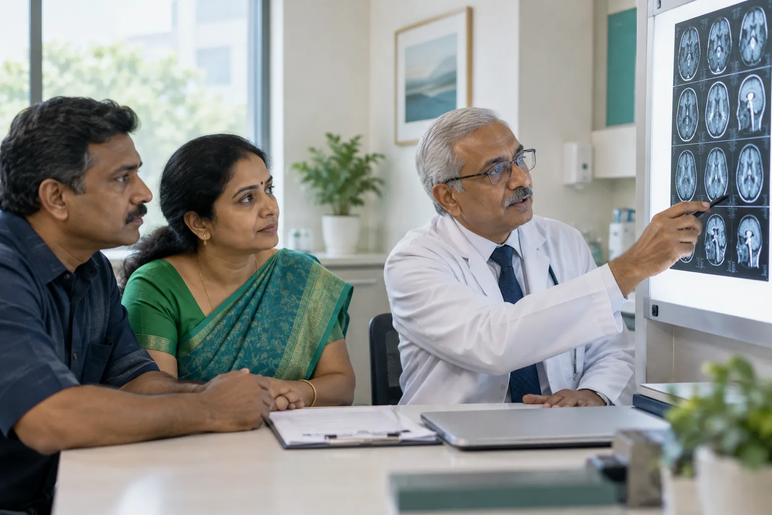 Illustration of a specialist reviewing a scan with a family